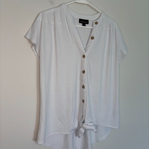 FORTUNE & IVY Short Sleeve Button Up Shirt Womens L White Tie Front Hi Lo - Picture 1 of 7